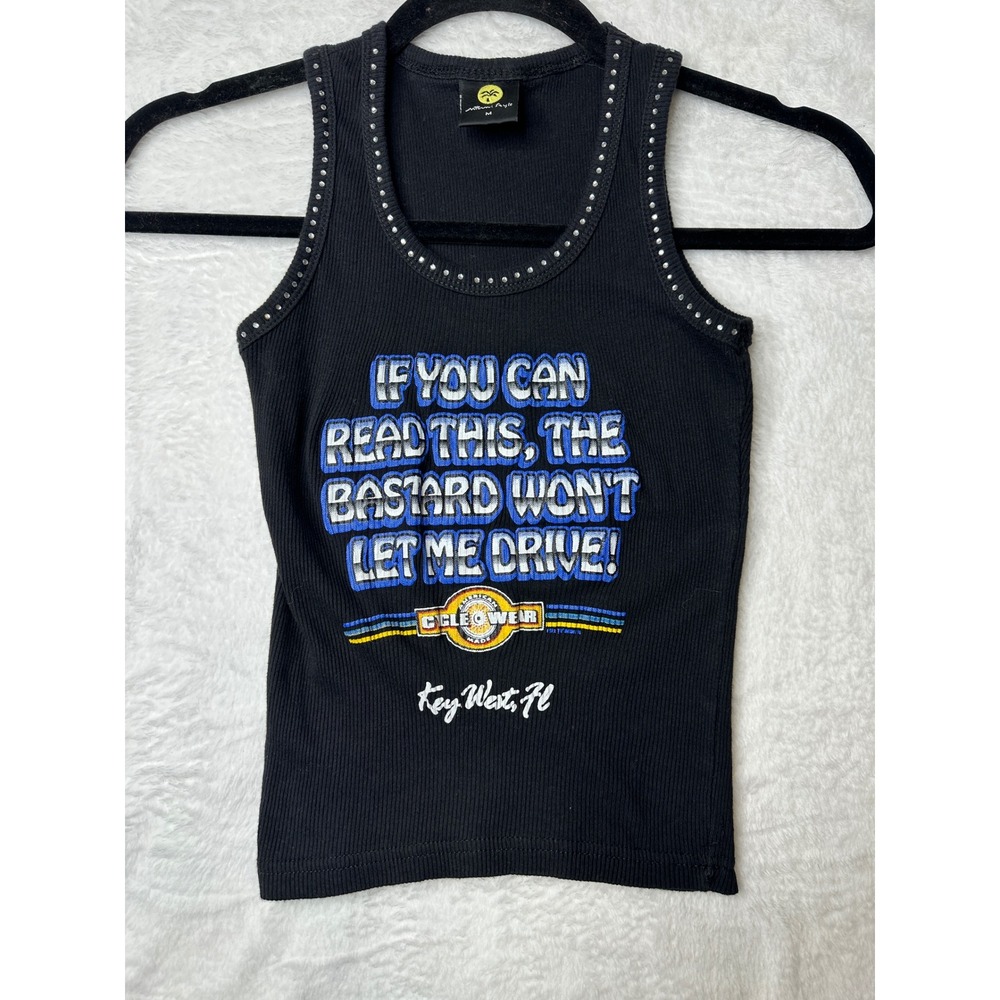 Miami Style Tank Top Womens M Black Rhinestone Biker Graphic Key West